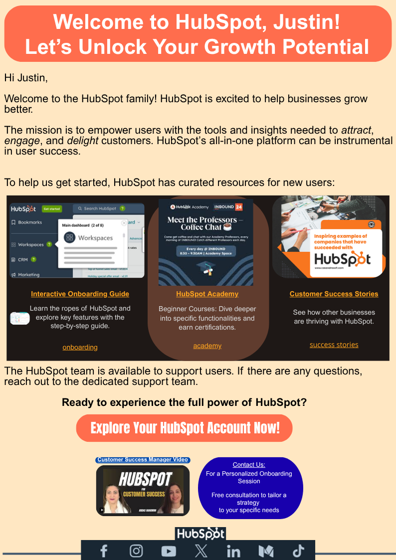 HubSpot welcome email content and onboarding concept