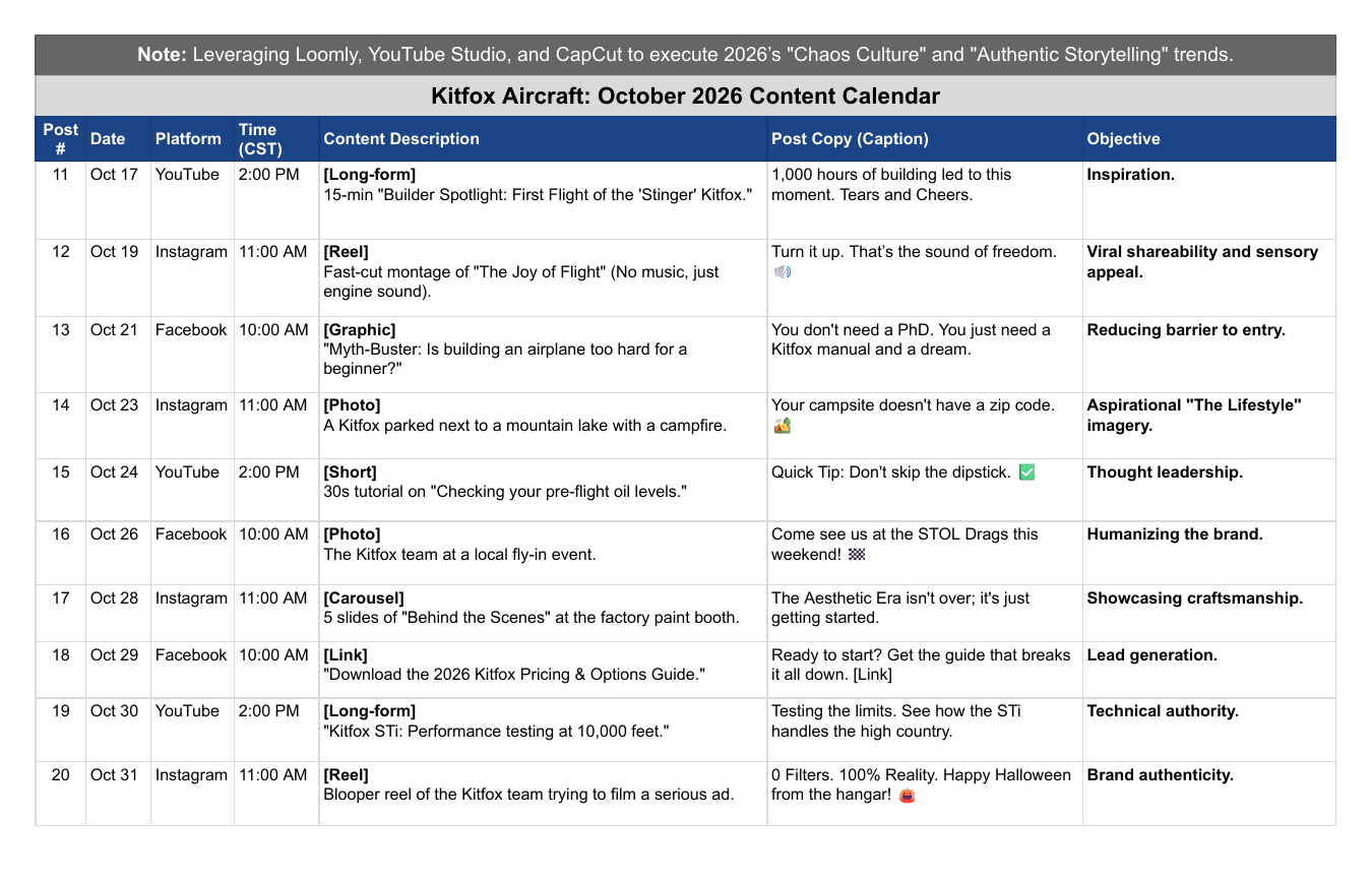 Second half of the Kitfox October content calendar showing Instagram, Facebook, and YouTube posts with objectives for October 17–31