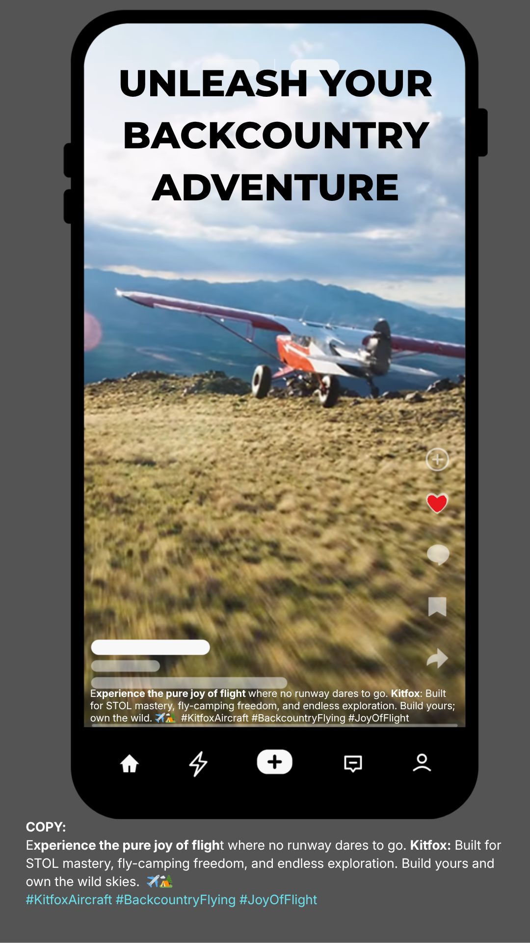 Kitfox Aircraft Instagram Reel cover shown inside a mobile interface with a backcountry aircraft and campaign copy