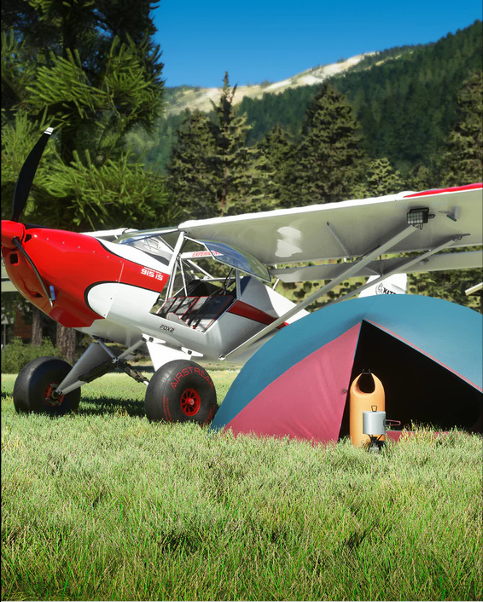 Kitfox Aircraft parked beside a tent in a mountain meadow — fly-camping lifestyle campaign concept