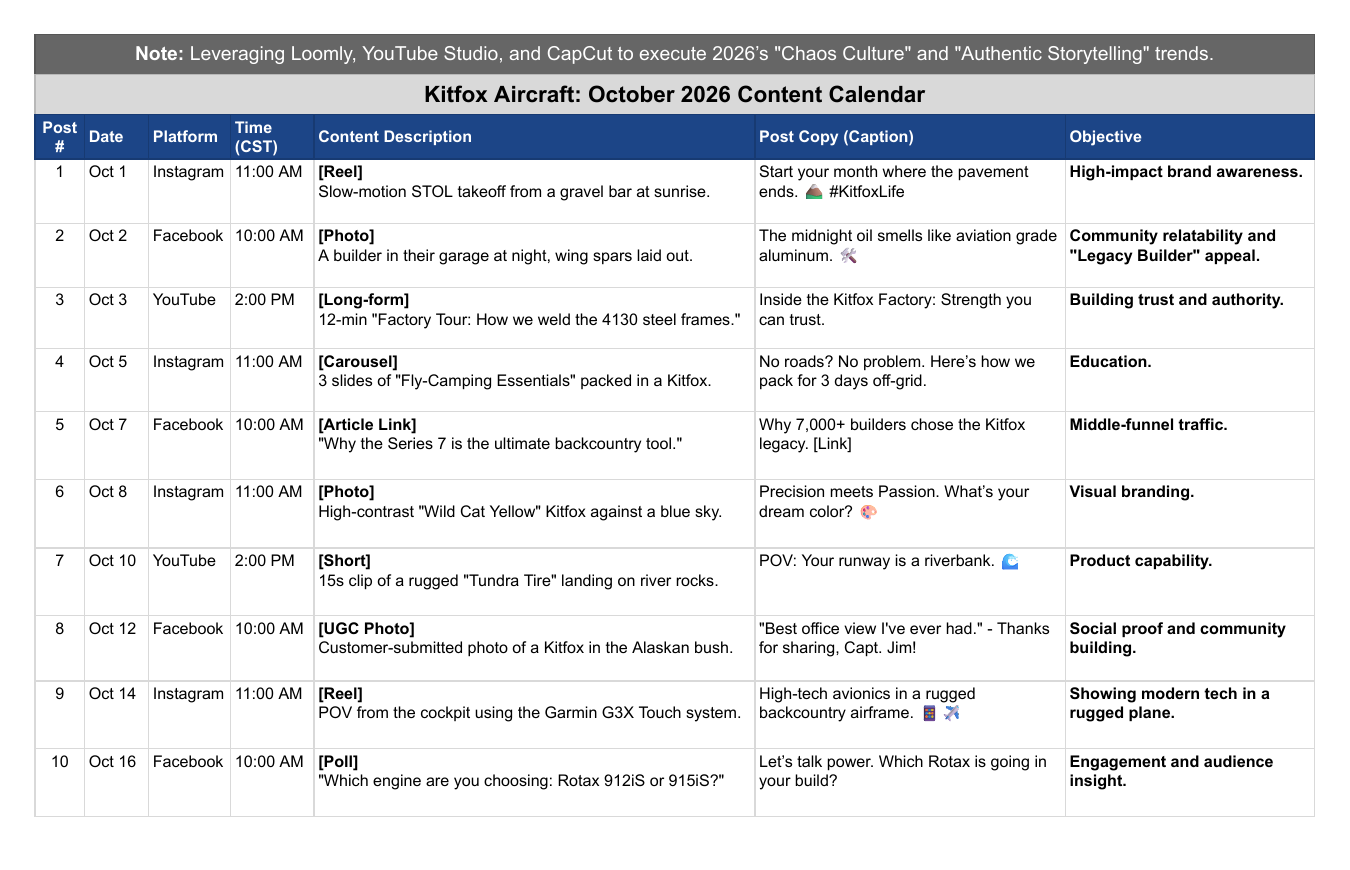 First half of the Kitfox October content calendar showing Instagram, Facebook, and YouTube posts with objectives for October 1–16