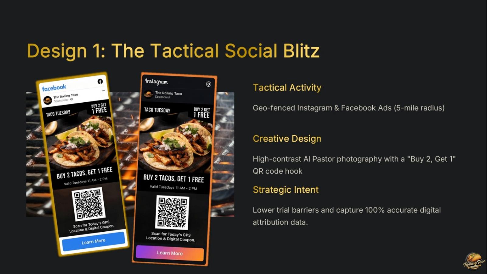 Rolling Taco geo-fenced Facebook and Instagram Taco Tuesday ad concept