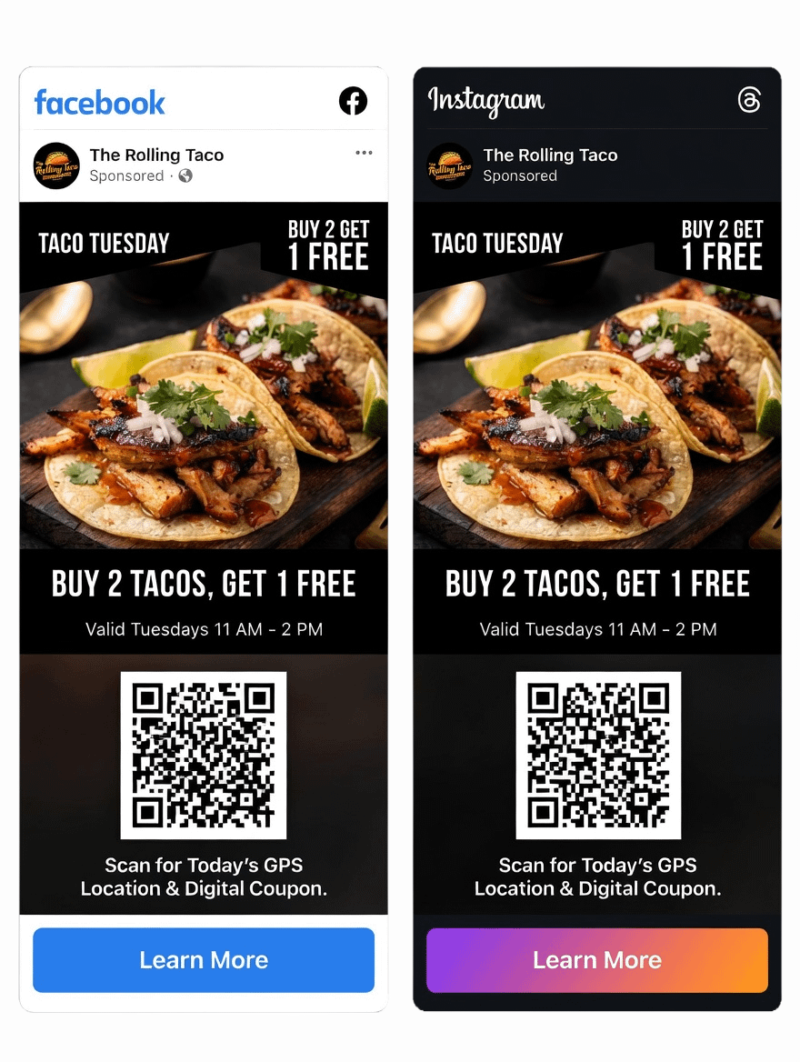 Rolling Taco geo-targeted Facebook and Instagram advertisement concepts