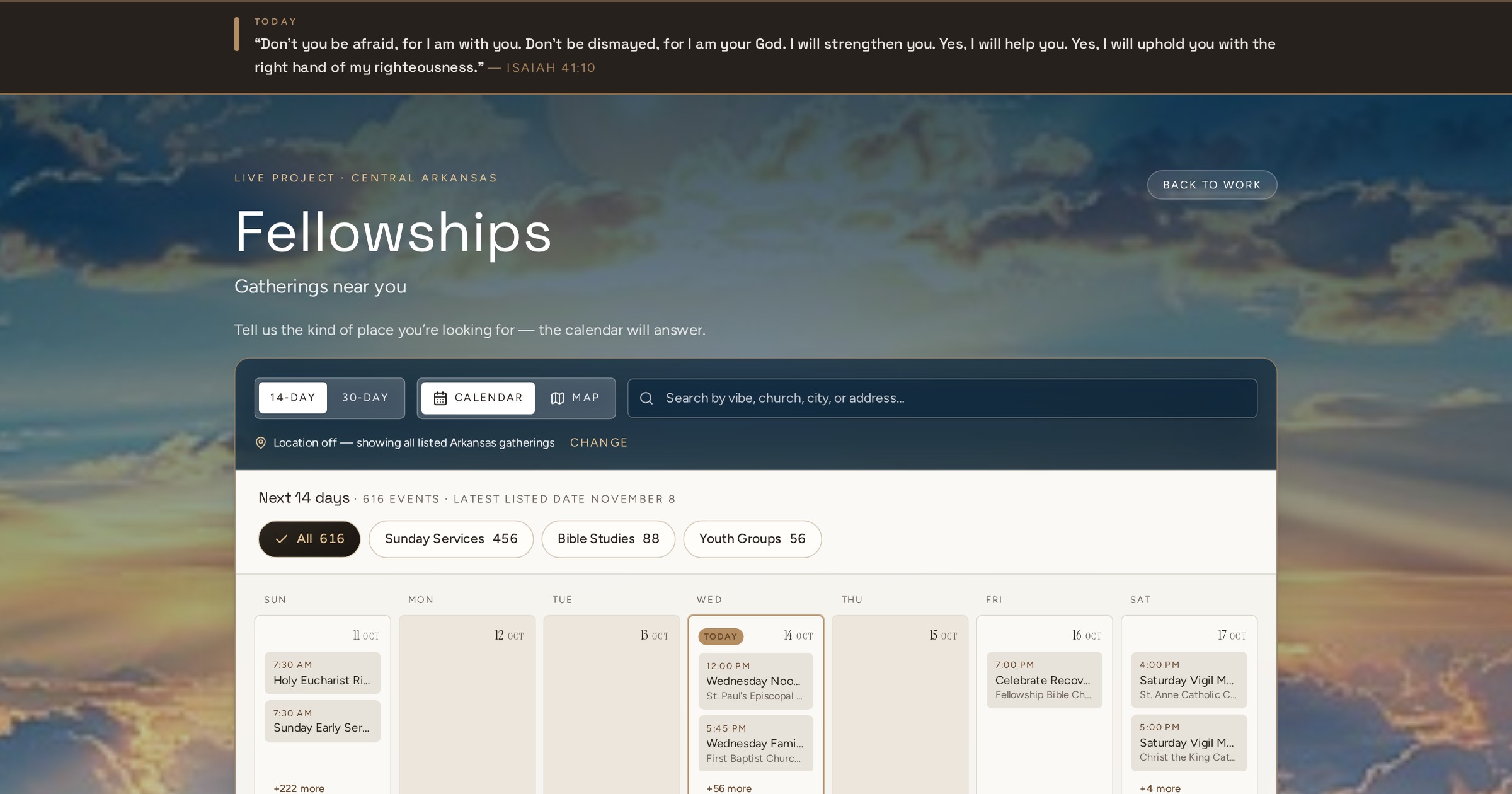 Fellowships live events calendar showing a 14-day view of central Arkansas gatherings over a golden sky