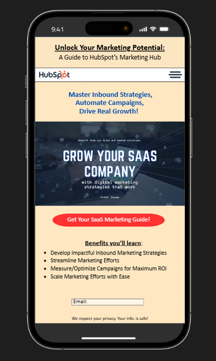 HubSpot mobile landing page A/B test variant B with SaaS marketing guide offer
