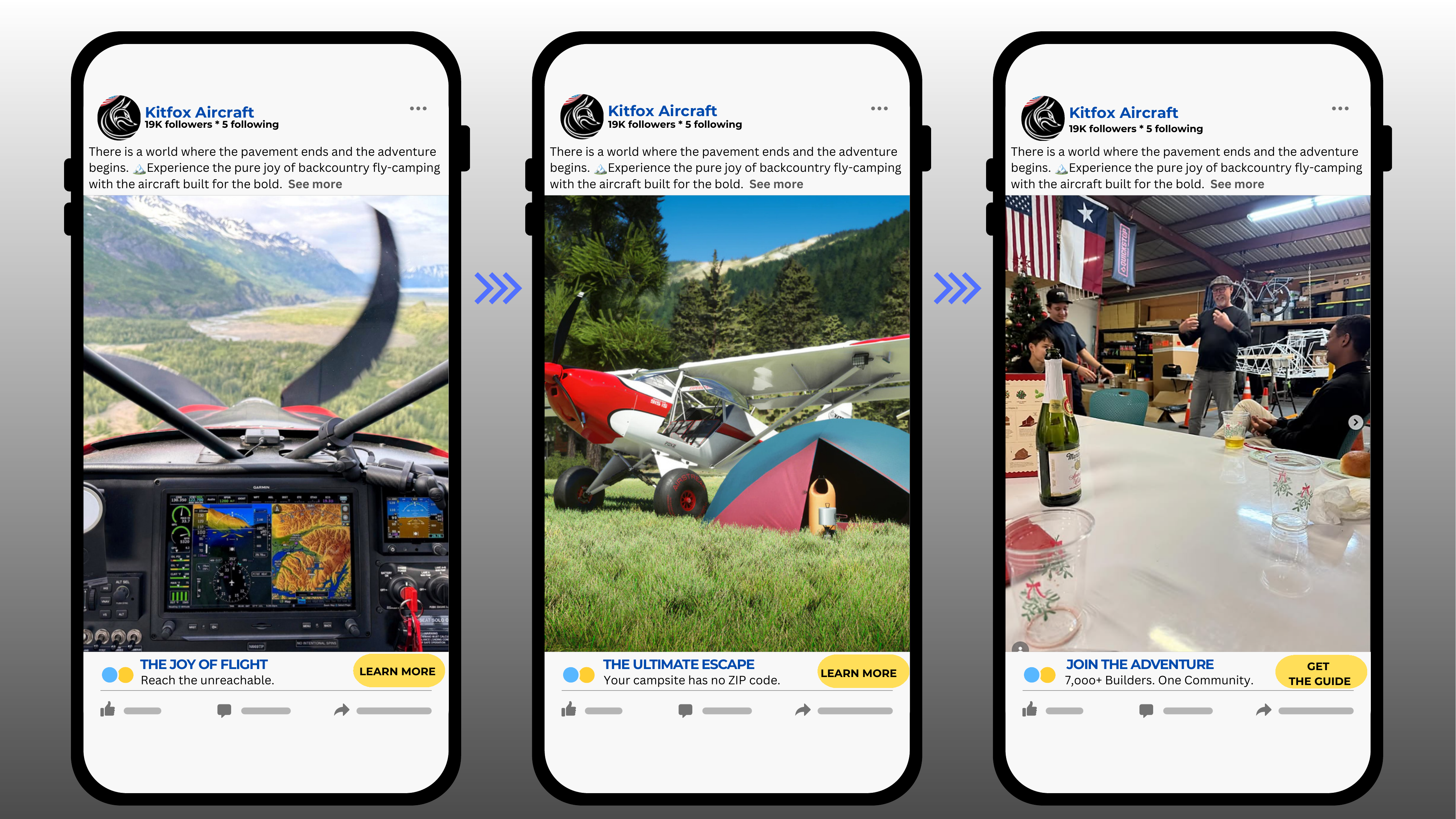 Kitfox Aircraft Facebook carousel advertisement concept showing backcountry fly-camping lifestyle frames