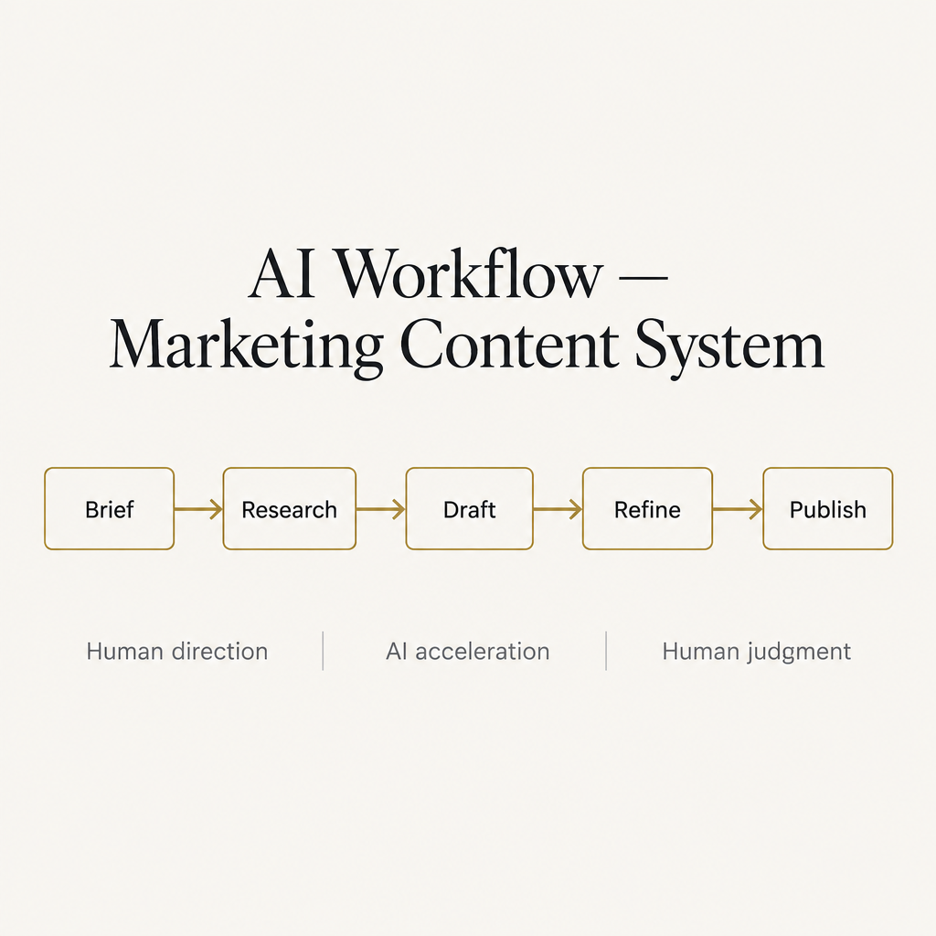 Diagram of a five-step AI-assisted marketing content workflow from brief to publish